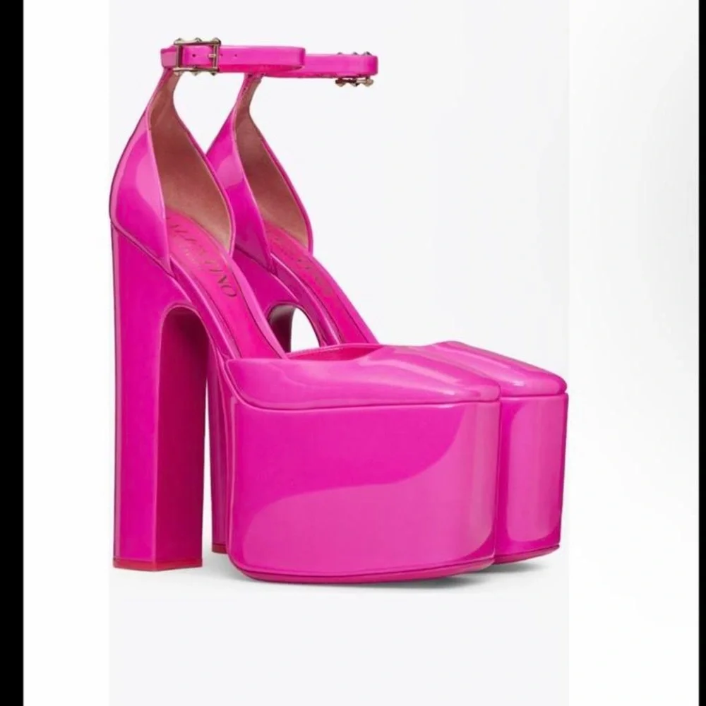 Valentino Garavani Hot Pink Patent DiscoBox Platform Pump Ankle-Strap Heels 37.5
